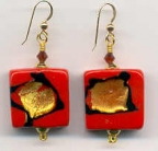 Red Square Venetian Bead Earrings with Gold and Black